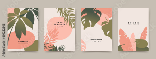 Summer simple abstract backgrounds with tropical leaves. Editable trendy vector templates for card, banner, invitation, social media post, poster, mobile app, web ads, business card, flyer