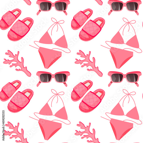 Pink seamless summer pattern with beach elements such as sunglasses, coral, swimsuit and slippers