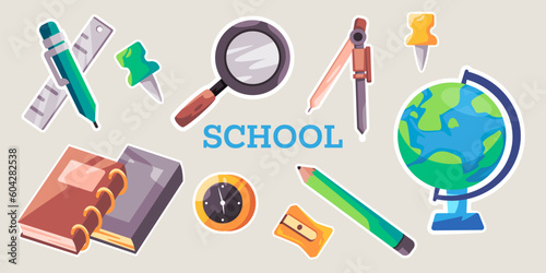 Class room indoor equipment education stationary studying school and globe sticker set illustration icon