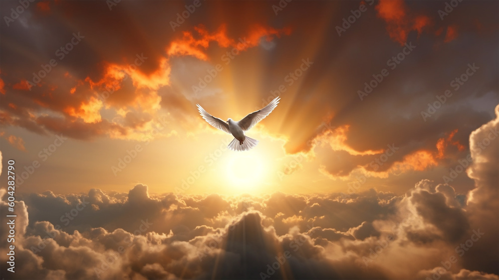 Religious or spirituality concept. Dove with sunset and clouds. Hope and faith. Generative AI