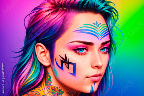 Portrait of a handsome young woman with colorful hair and tattoos on face and body. Generative AI. © Anton Dios