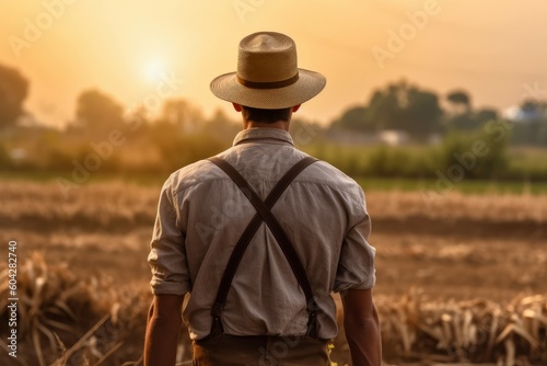 Farmer man sunrise farm field. Generate Ai