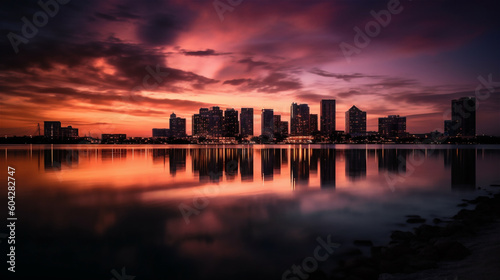 Closeup evening sunset view of tall buildings by the lake in the city © lichaoshu