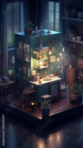 Closeup cartoon style miniature home interior