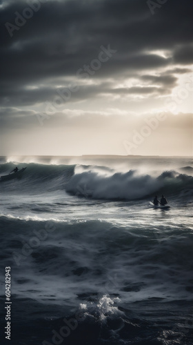 Big waves and surfers on the beach