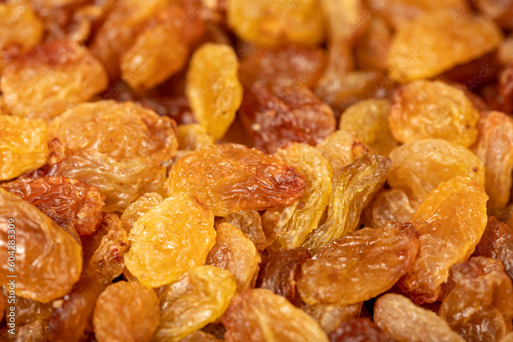 Raisins. Sun-dried yellow grapes closeup food background. texture. copy space banner Raisins. Sun-dried yellow grapes closeup food background. texture. copy space banner