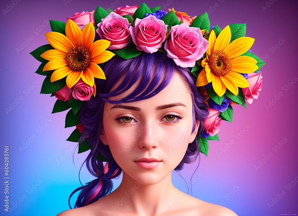 Naklejka premium Portrait beautiful girl with flowers on her head. Woman with flower arrangement on head. Generative AI.