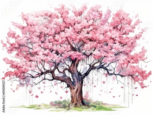 a blooming cherry blossom tree, watercolor and ink illustration, generative ai © hamzahalderad