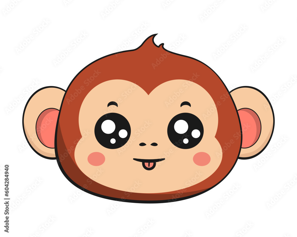 Monkey Chimpanzee Tongue Out Face Head Kawaii Sticker Isolated Monkey Chimpanzee Tongue Out Face Head Kawaii Sticker Isolated