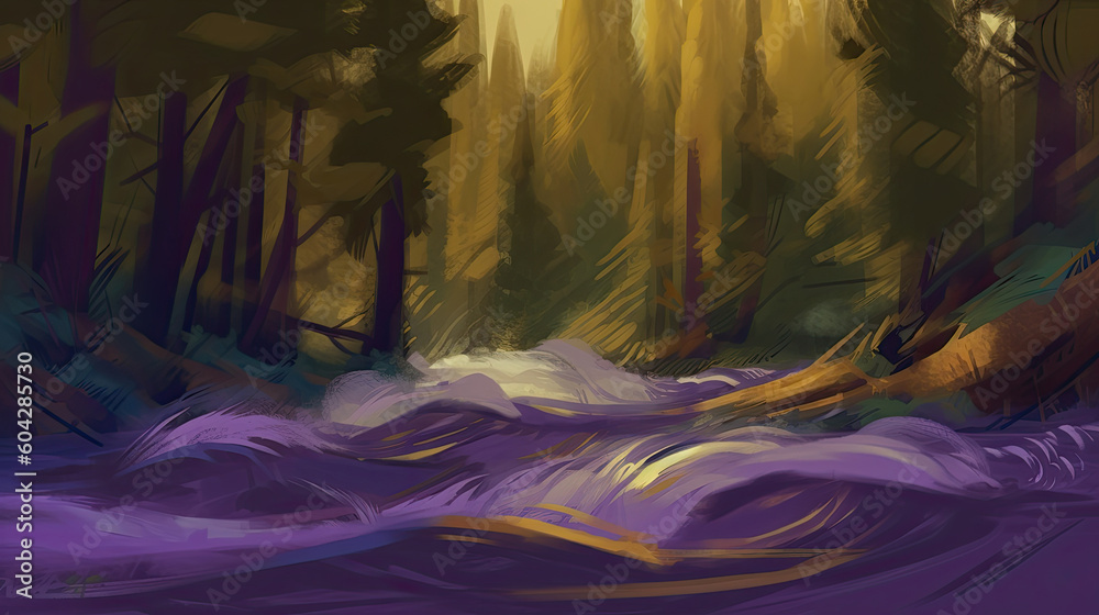 Fototapeta premium Generative AI illustration digital abstract impressionism painting of tidal wave and woodland colliding in nature