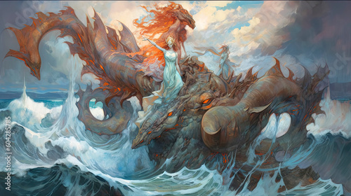 Generative AI illustration digital abstract impressionism painting of Japanese Manga style imsge of sea nymphs with sea monsters riding the waves