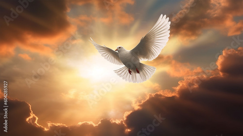 Concept of spirituality. Clouds and sunset with a dove in the foreground. Generative AI © Adrian