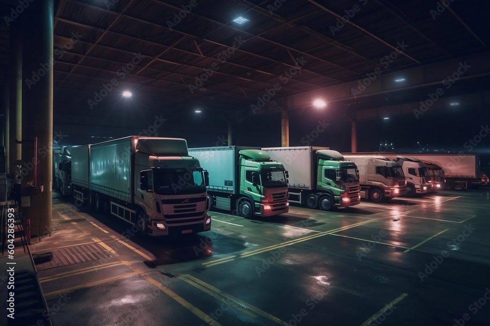 Trucks in a warehouse at night. AI