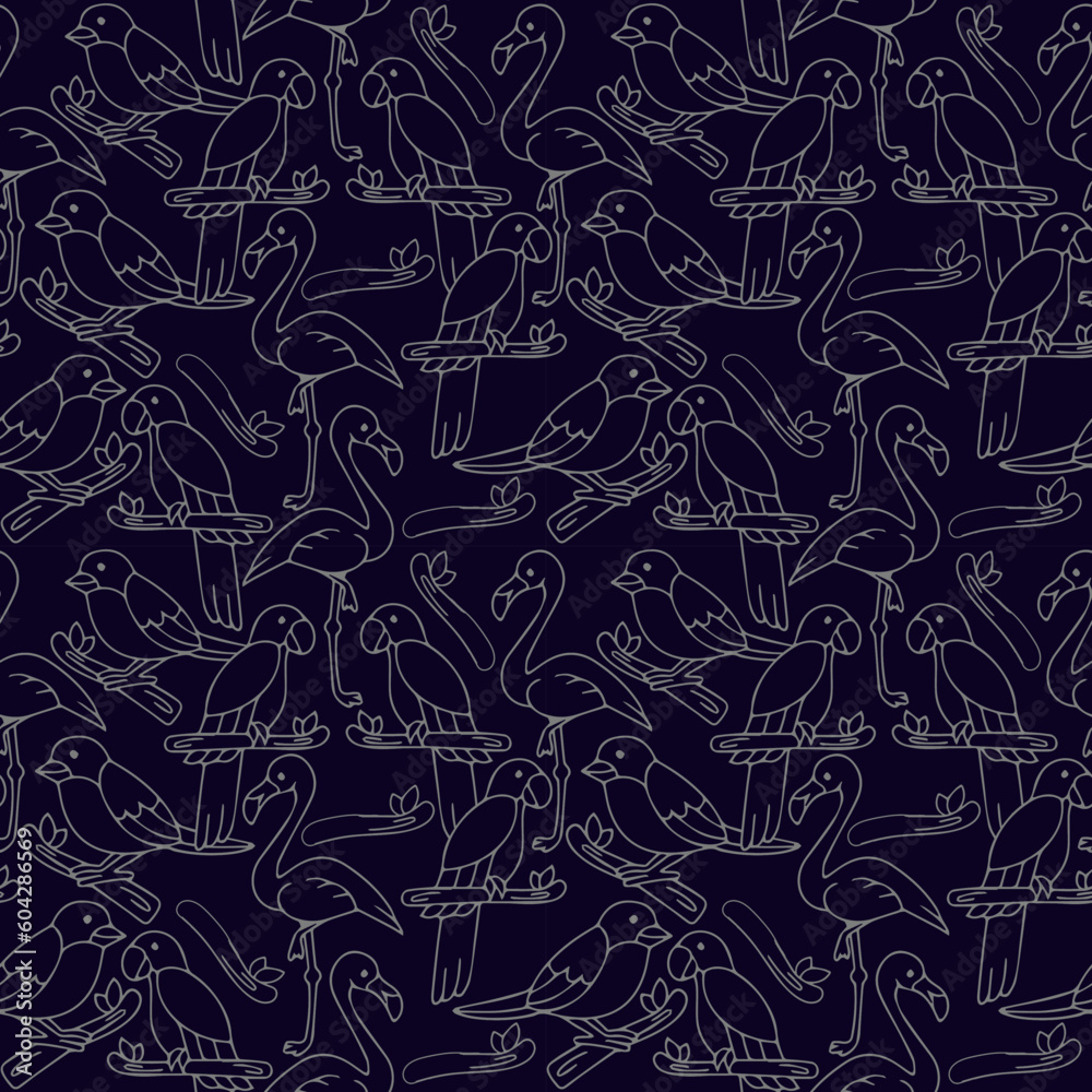Outline birds' seamless pattern of flamingos, parrots, and nightingales on a navy blue background Outline birds' seamless pattern of flamingos, parrots, and nightingales on a navy blue background