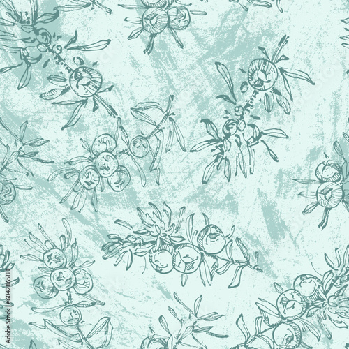 Hand drawn juniper seamless pattern. Juniper berries with leaves on shabby background. Original simple flat illustration. Shabby style.