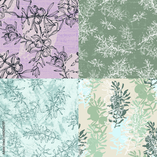 Hand drawn juniper seamless pattern. Juniper berries with leaves on shabby background. Original simple flat illustration. Shabby style.