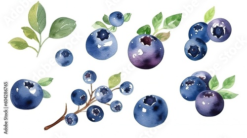 set of watercolor blueberries, generative ai