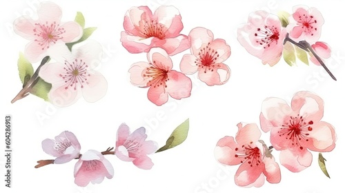 Valokuva set of watercolor cherry blossoms, generative ai