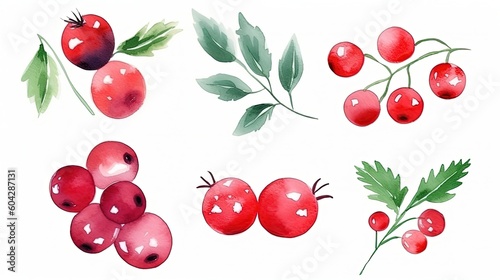 set of watercolor cranberries, generative ai