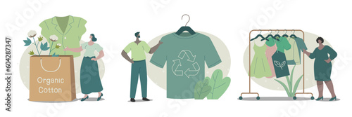 Set of characters buying recycling eco friendly clothes and textile sustainable fashion. Vector design illustration.