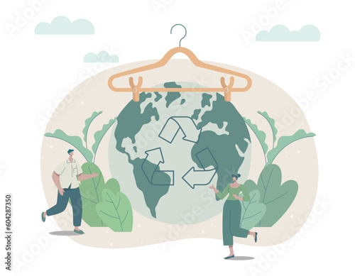 Eco friendly sustainable, Slow fashion concept with clothes hanger on earth planet, recycle, reuse and reduce, Vector design illustration.