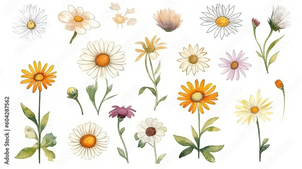 set of watercolor daisies, generative ai set of watercolor daisies, generative ai