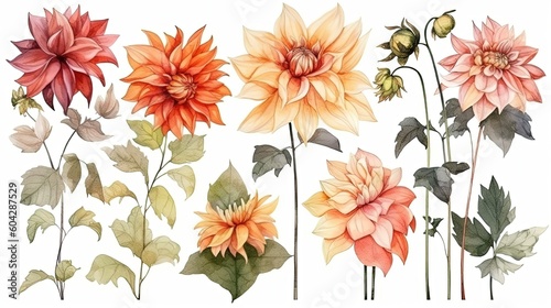 Fototapeta Naklejka Na Ścianę i Meble -  set of watercolor dahlia plants, generative ai
