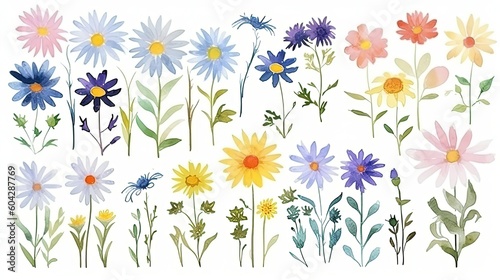 set of watercolor daisies, generative ai © hamzahalderad