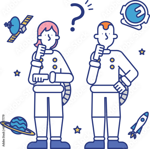宇宙飛行士の職業に就く男性と女性のイラスト