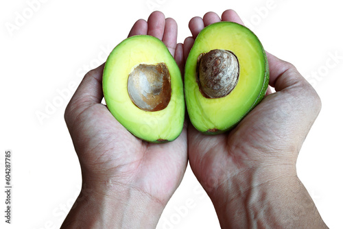 One avocado halved in hand on a white background