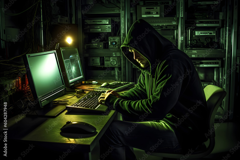 Hacker and cyber security concept. Hooded hacker at work. Created with generative AI technology. Hacker and cyber security concept. Hooded hacker at work. Created with generative AI technology.
