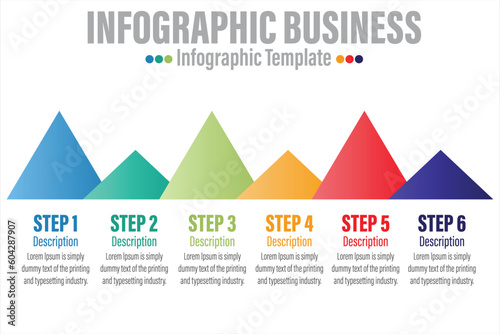 Timeline infographic template with 6 steps, 6 option 6 dot steps and starting point. Growth curve chart with sample text . Colorful and multicolored points. Vector illustration.