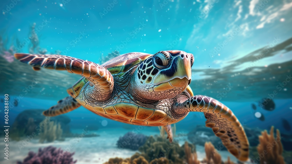 Obraz premium Sea turtle swimming in the Ocean, Digital Illustration, Concept Art, Generative AI
