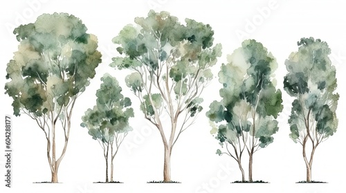 set of watercolor eucalyptus tree, generative ai