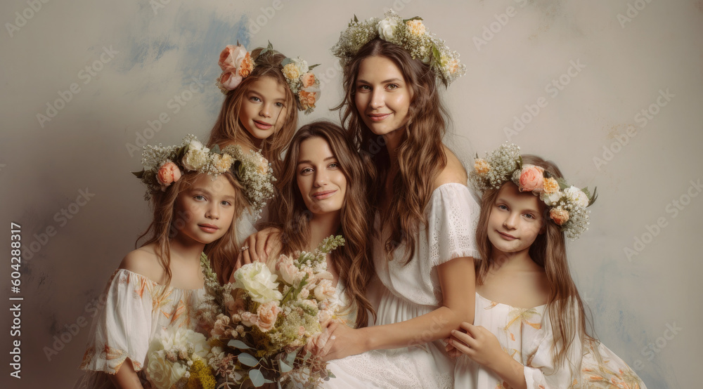Mother and four daughters holding flowers, created using generative AI