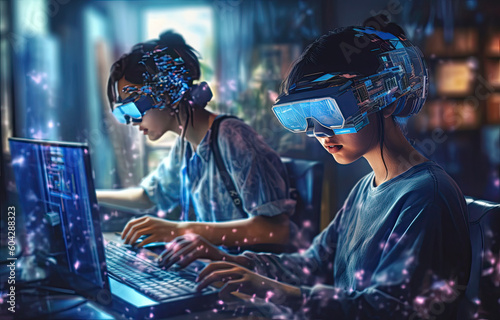 Two people working at a computer with virtual reality glasses, created using generative AI