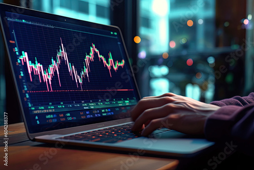 Stock market indicator on graph with a laptop, created using generative AI