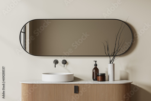 Cozy bathroom interior with washbasin and oval mirror, accessories on deck
