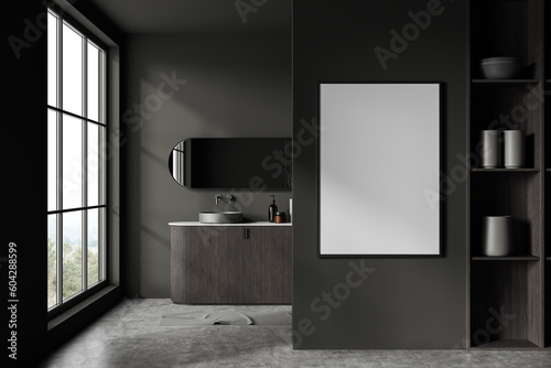 Comfortable dark gray bathroom with sink and poster © ImageFlow