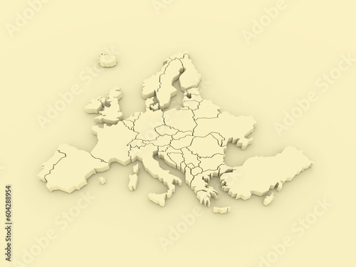 3D rendered map of Europe with bright yellow colors
