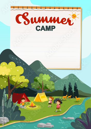 Kids summer camp, poster flyer template or banner design.