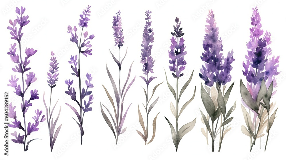 Fototapeta premium set of watercolor lavender plants, generative ai