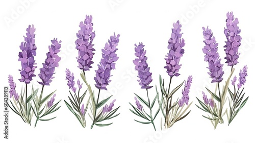 set of watercolor lavender flowers  generative ai