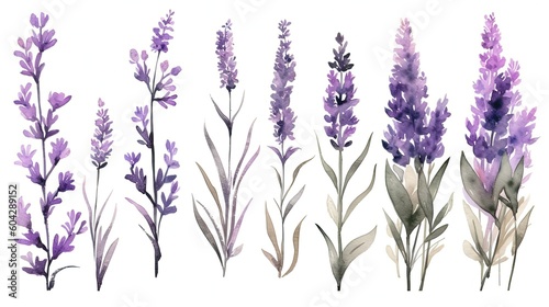 set of watercolor lavender plants  generative ai