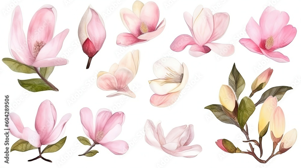 set of watercolor magnolia flowers, generative ai