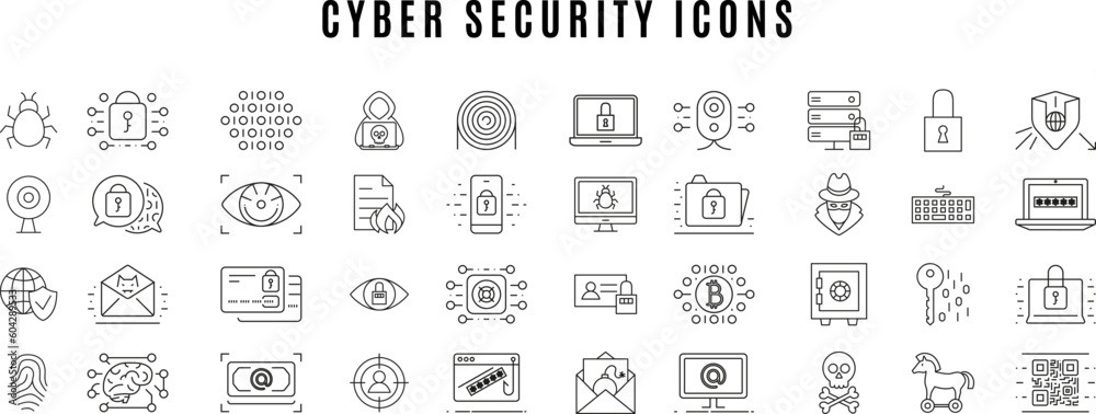 Cyber security icons set black outlined, 40 icons, editable icons