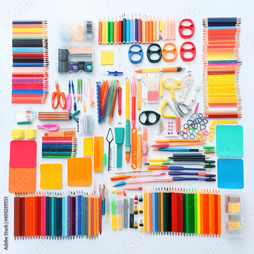 Colorful School Supplies On White Background Illustration