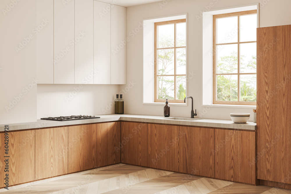 Modern white kitchen corner with white and wooden cabinets Modern white kitchen corner with white and wooden cabinets