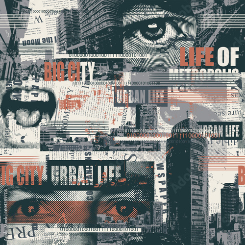 Abstract seamless pattern with newspaper or magazine, human eyes and mouth, urban landscapes. Chaotic vector background on theme of city life in retro style. Wallpaper, wrapping paper, fabric design