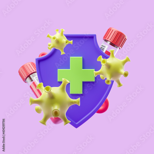 Antivirus shield and test tubes with analysis, health protection and virus